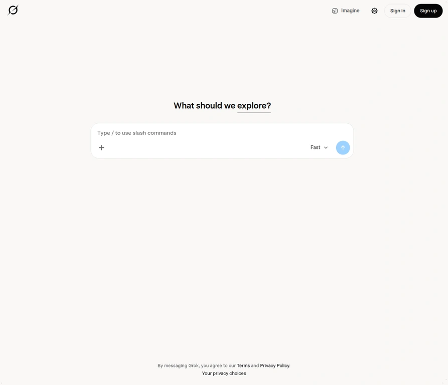 Public Grok web page showing the empty ‘What should we explore?’ composer, plus-shaped attachment control, Fast model selector, and Sign in/Sign up links.