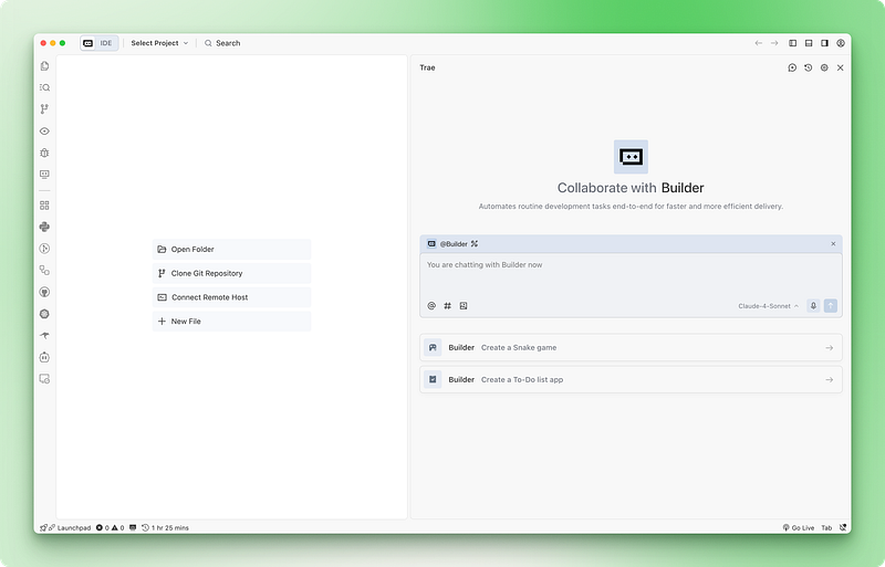 TRAE Builder 起始页左侧项目区有 Open Folder、Clone Git Repository、Connect Remote Host 与 New File，右侧为 Builder 聊天输入和示例任务。