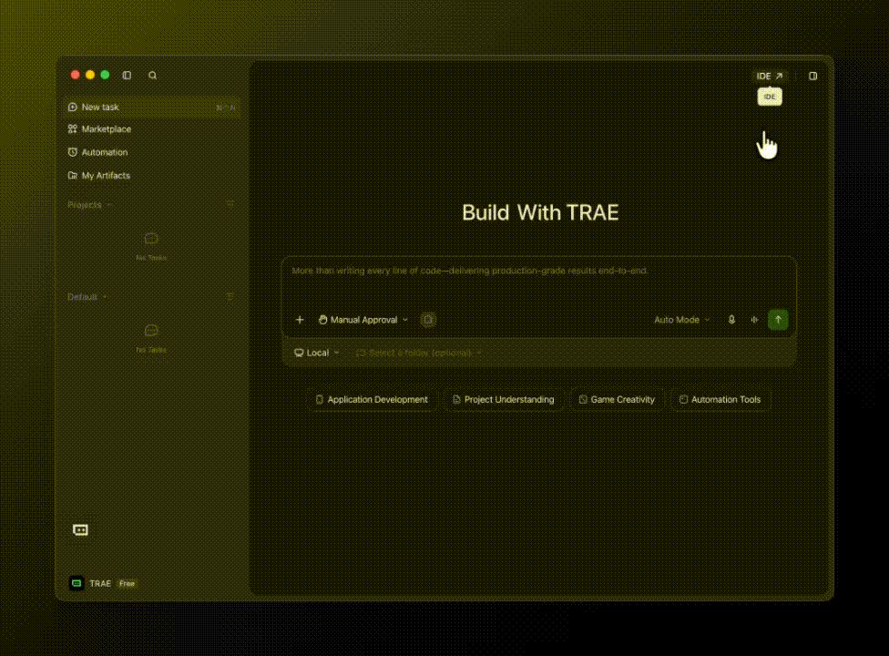 深色 TRAE Agent 新建任务界面，输入框下显示 Manual Approval 下拉和 Local 项目范围，左栏有 New task、Marketplace、Automation 与 My Artifacts。